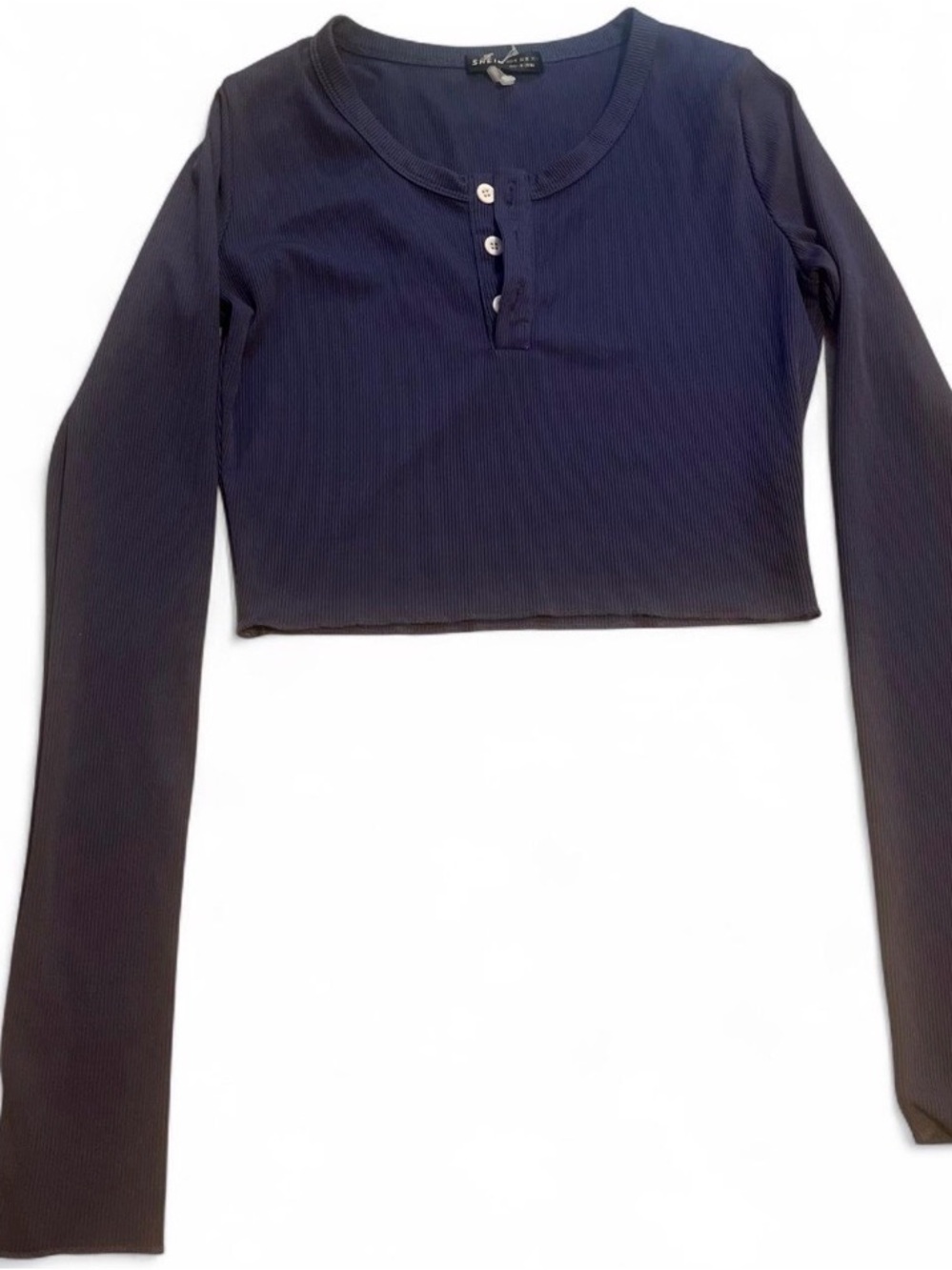 SHEIN Navy Ribbed Henley Long Sleeve Crop Top